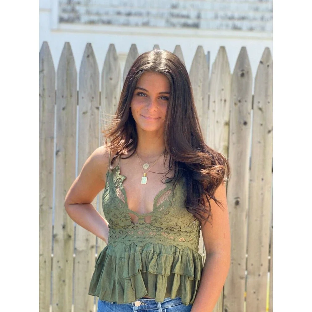 Intimately Free People Adella Cami Blouse Top Crochet Lace Flowy Green M 287108
